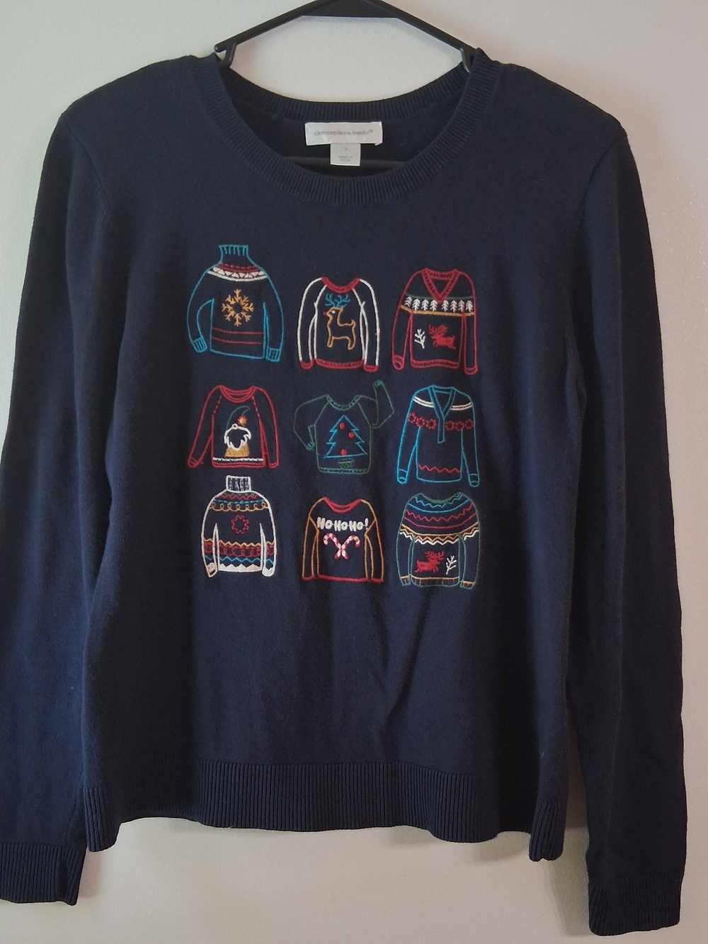 Christopher & Banks Navy Blue Embroidered Holiday Sweater SMALL Ugly CHRISTMAS